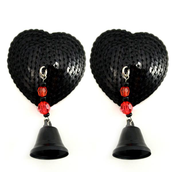 Bijoux Nipple Covers Sequin Heart with Bells Black