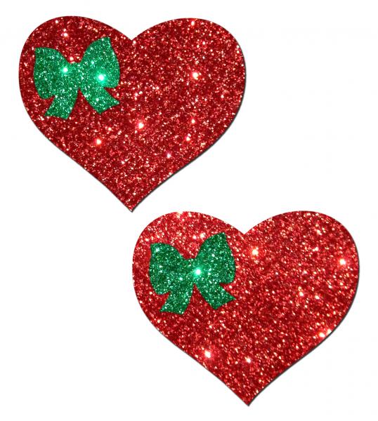 Glitter Red Heart Green Bow Pasties