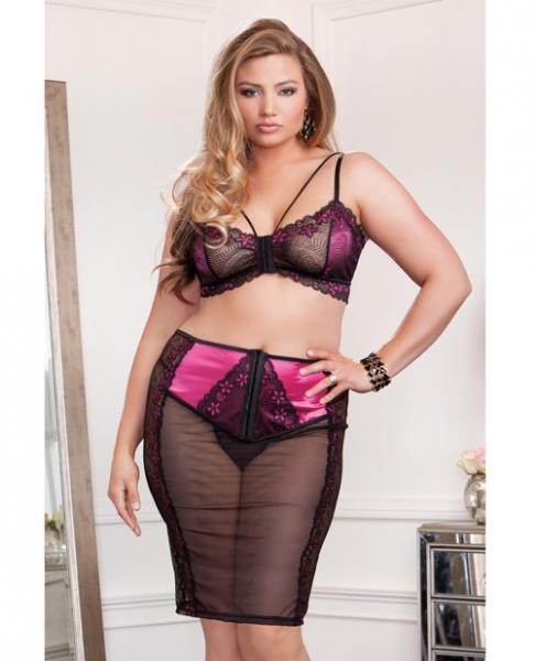 Floral Lace Mesh Bralette Skirt & G-String Fuchsia Black 2X