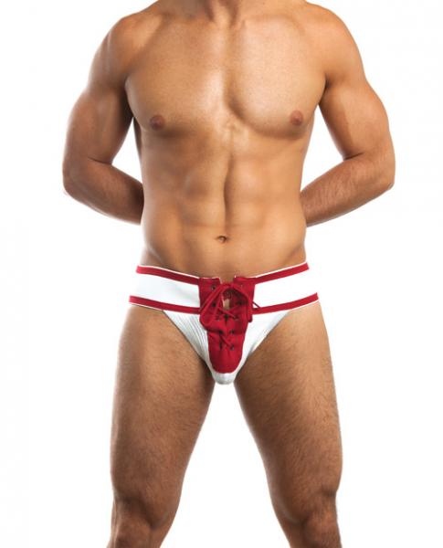 Footballer Lace Up Jockstrap  White/Red Large