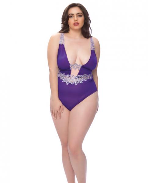 Mesh Plunge Teddy Applique Detail Grape Lilac 3X