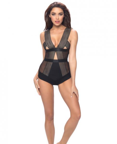 Edgy Elastic Teddy W/satin Panels & Back Body Keyhole Black Sm