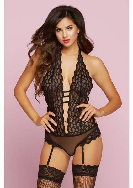 Feather Galloon Lace & Mesh Teddy Black O/S