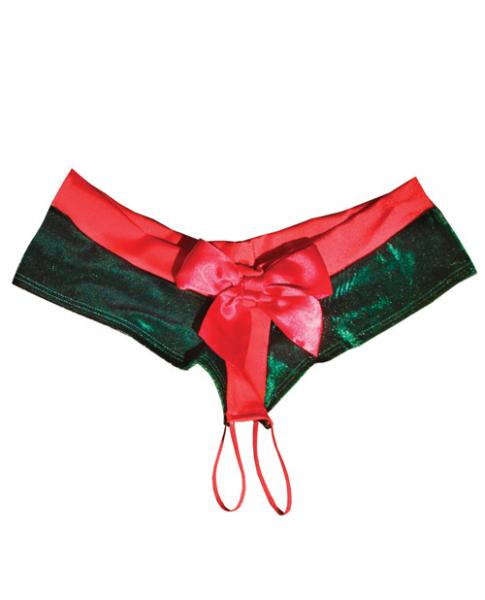 Holiday Crotchless Velvet & Knit Panty W/elastic Straps Green/red Oq